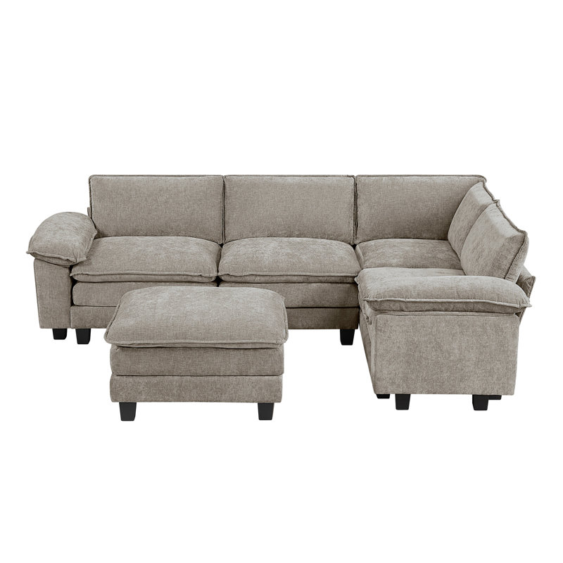 Ensemble modulaire 5 pièces avec repose-pieds moelleux en chenille, Chenille brun gris