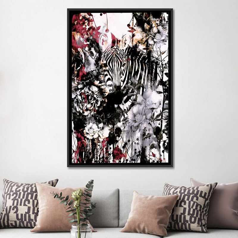 « zèbre », impression sur toile, H 26 po x l 18 po x P 1,5 po, Toile avec cadre flottant noir, Pas de tapis
