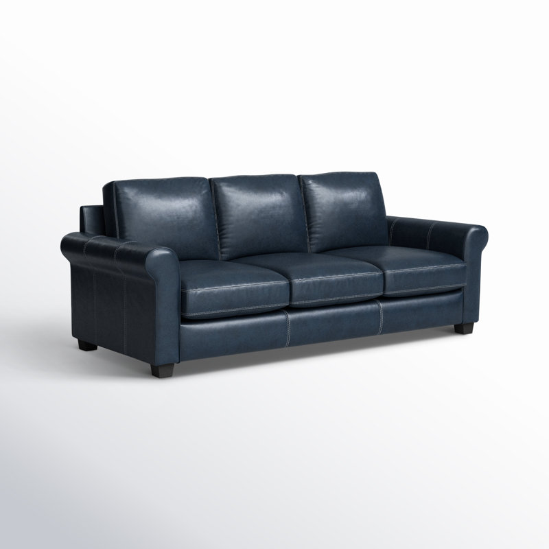 Canapé à accoudoirs arrondis en cuir 86 po Cataldo, Cuir véritable bleu marine contrebalance
