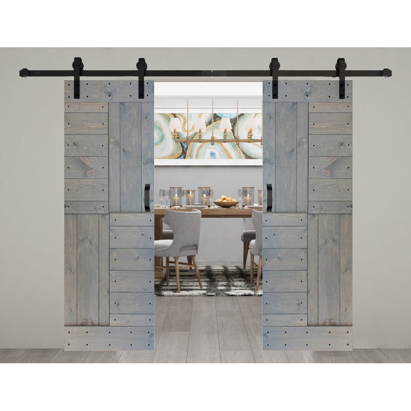 Porte de grange coulissante double en bois massif avec trousse de quincaillerie brevetée S Series - assemblage requis