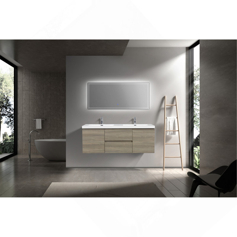 Meuble-lavabo flottant de 60 po avec lavabo, meuble-lavabo mural moderne avec lavabo à surface solide, deux lavabos et tiroirs à fermeture en douceur