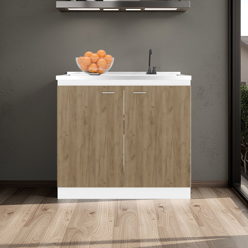 Évier utilitaire sur pied avec robinet en plastique et comptoir intégré, meuble blanc et naturel pour ateliers de garage, deux étagères intérieures, poignées en métal, style moderne pour les tâches ménagères, montage facile