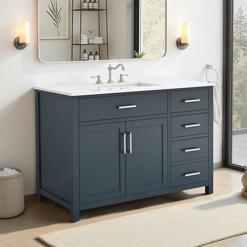 Ensemble de meuble-lavabo simple 42 po avec plateau en marbre Tremolo, Bleu rétro / nickel poli