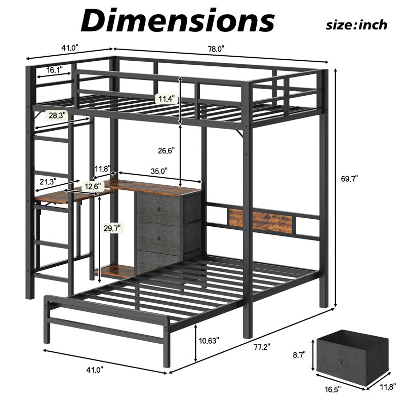 Lits peu encombrants avec rangement, loft rustique en acier et panneau de fibres à densité moyenne pour petites pièces