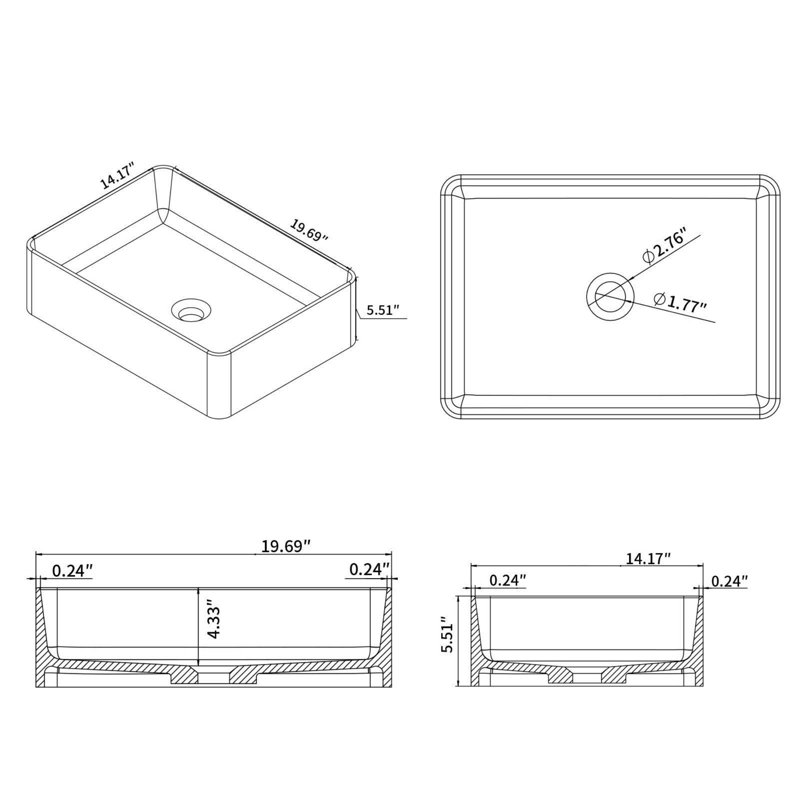 Lavabo de salle de bain vasque rectangulaire en résine 19,7 "x 14,2" avec bonde escamotable, Gris mat