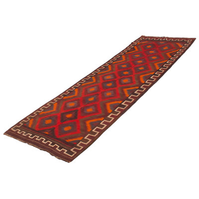 Tapis de couloir rouge en laine noué à la main de conception unique 1990S 4 pi 7 po x 13 pi 7 po Frannie