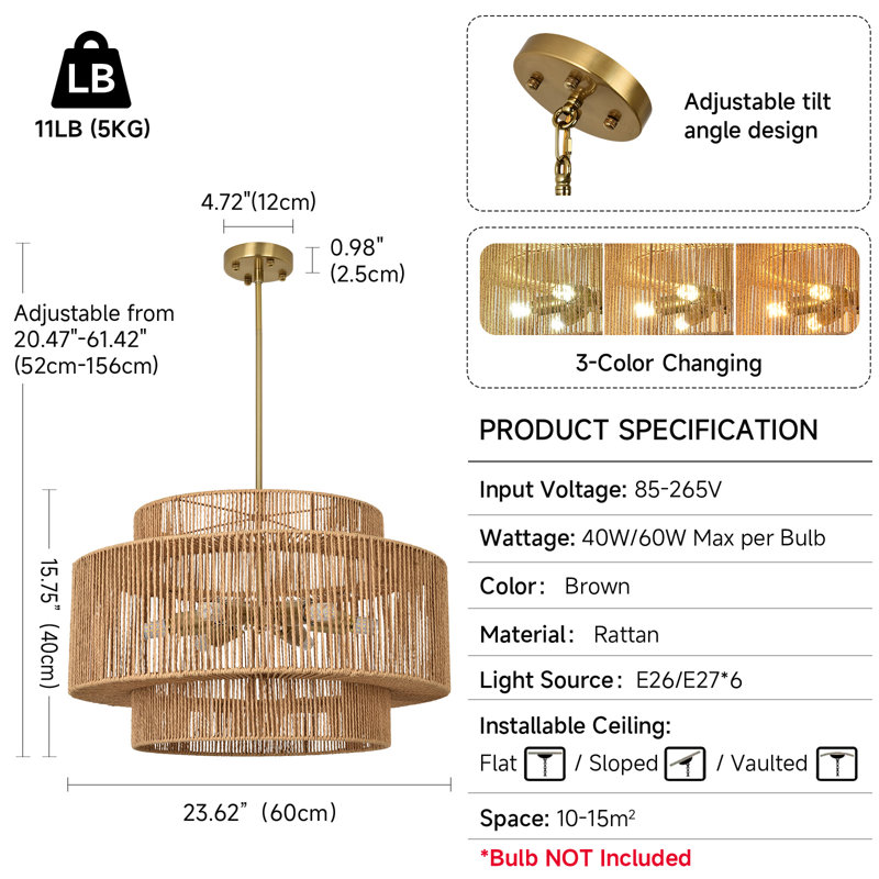 Boho Rattan Chandelier Light Fixture
