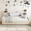 Lit simple rembourré en velours beige avec rangement supplémentaire et roulettes -, revêtement de tiroir pratique, tête de lit confortable, spacieux pour la literie d'articles personnels,-570698294