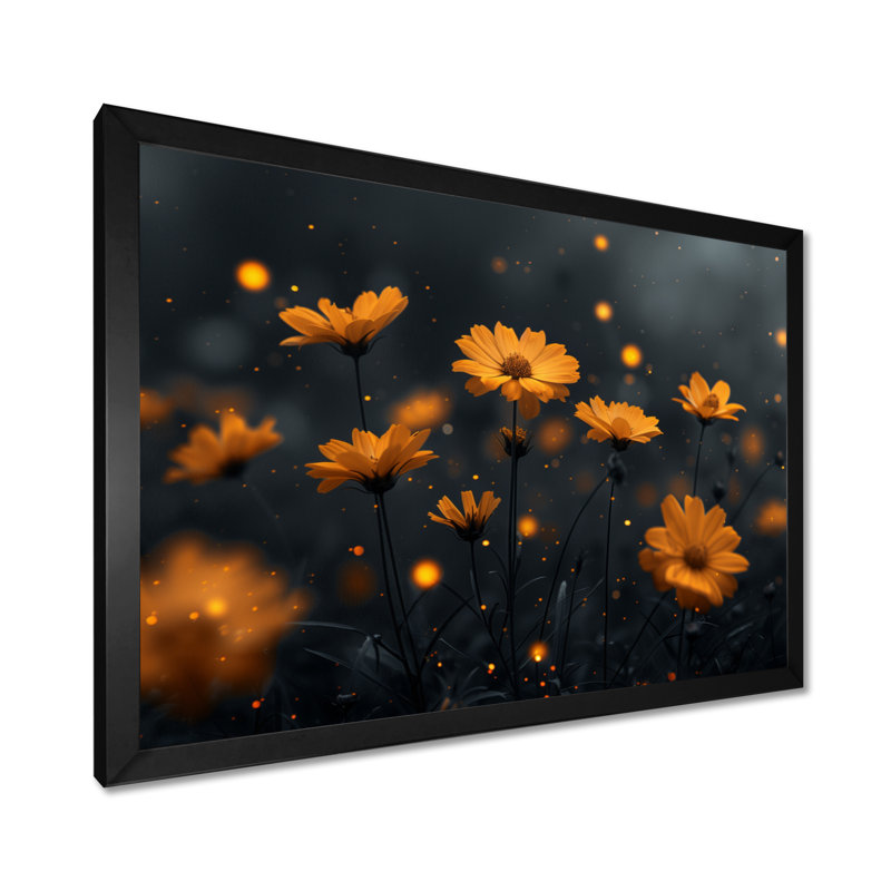 Jaune et noir, heure dorée, bleuet II - Art mural bleuets, H 12 po x l 20 po, Cadre flottant doré