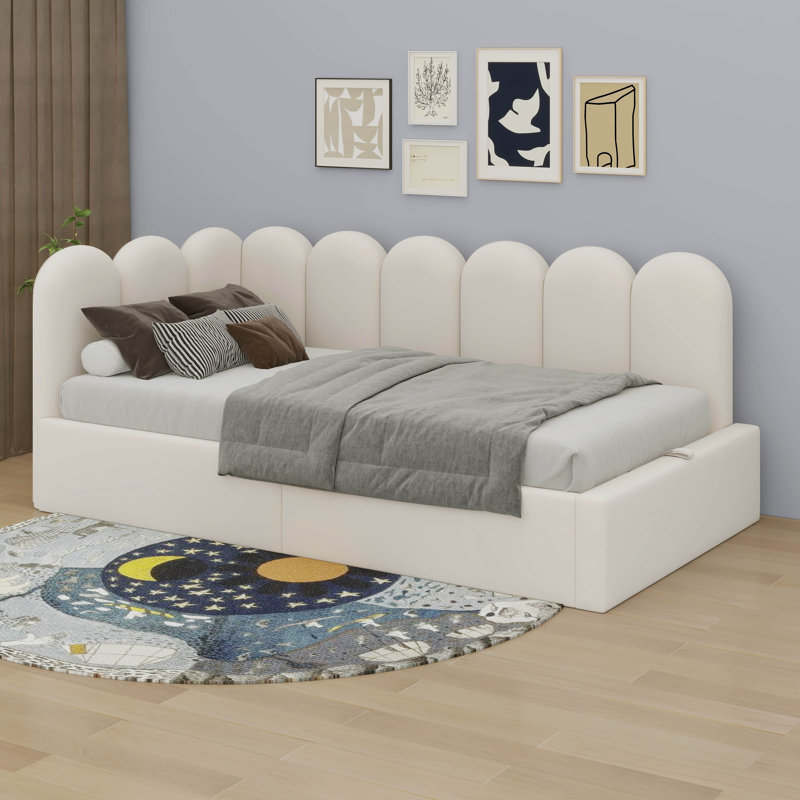 Canapé-lit moderne tapissier avec tête de lit, structure de lit simple en velours avec rangement hydraulique, Beige