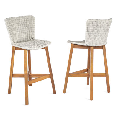 Set Of 2 Wicker Outdoor Bar Stool, Teak Finished Wood