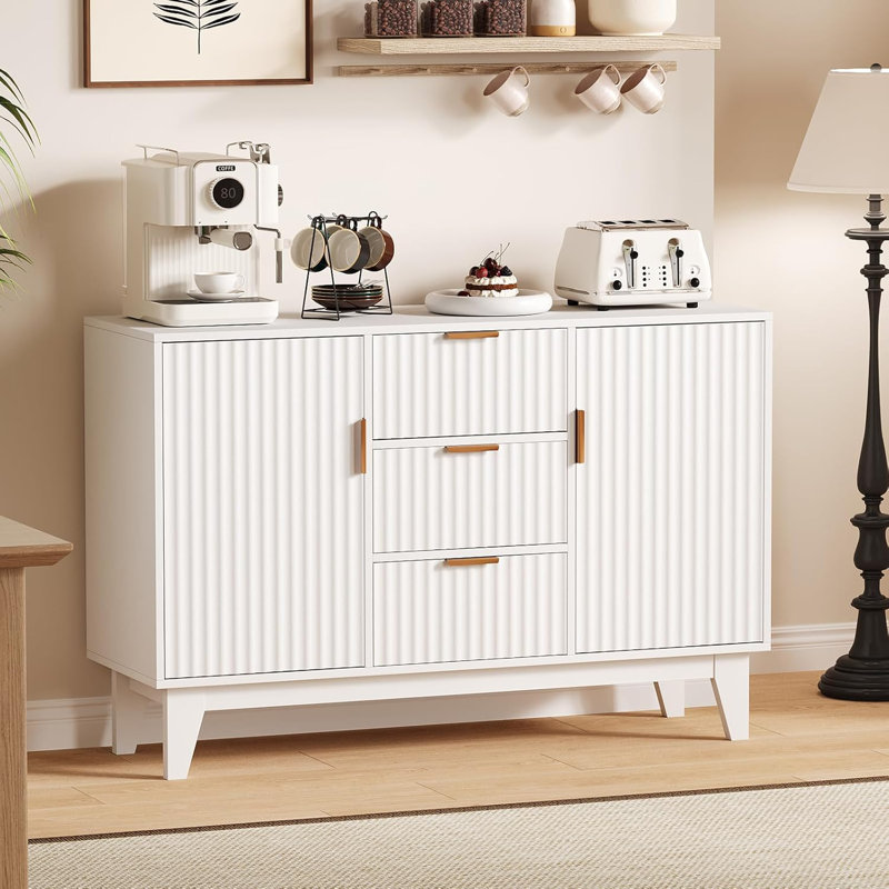 47 Inch Modern Fluted Sideboard Buffet Cabinet with 3 Drawers and Adjustable Shelves, Kitchen Storage Cabinet, White