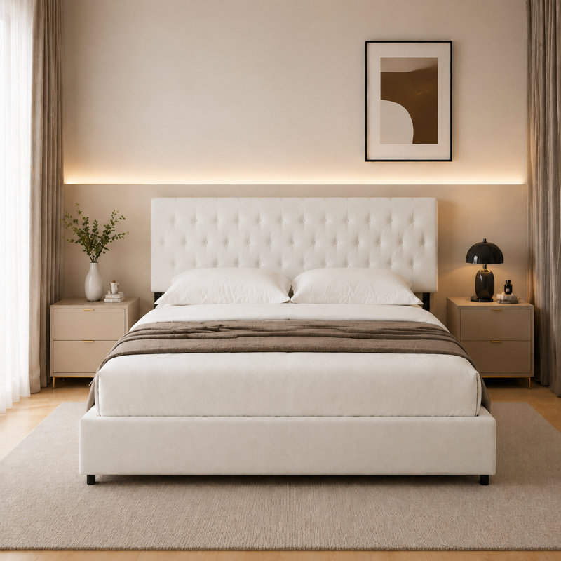 4 Drawers Upholstered Storage Bed, Cream, King
