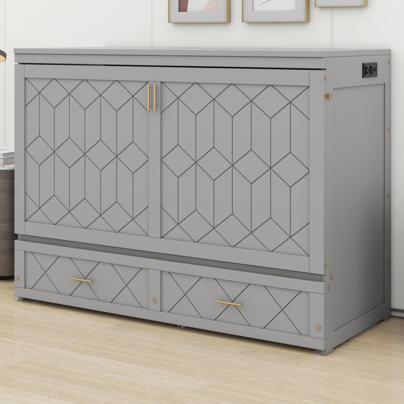 Lit escamotable compact avec tiroir et prise de courant pratique et ports de charge USB, Gris