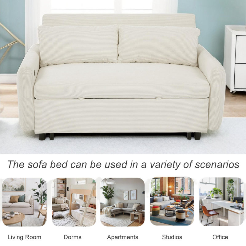 Isel 57'' Sofa Bed Sleeper Loveseat with USB Port and Two Pillows, Beige Corduroy