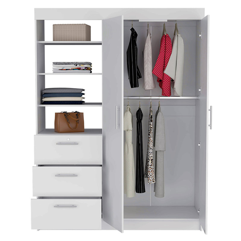 Armoire 3 tiroirs, porte double, tablette à 3 niveaux - blanc, Blanc