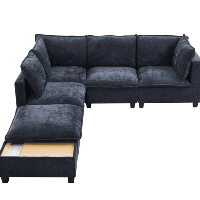U-Shaped Sectional In Blue. Movable & Coffee Table With Hidden Charging. Cosy Padded Seating, Decoration Blue 90" Table. Charging Socket, Delight, Long-Lasting Beauty Increase