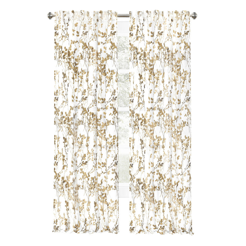 Hazelnut Floral Sheer Polyester Back Tab Curtain Panel, 52" x 63"