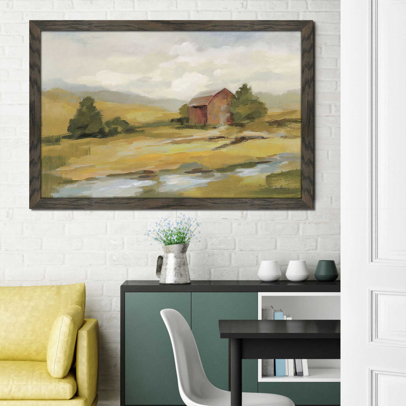 «Springtime Farm Neutral» par Silvia Vassileva - Peinture, Cadre chocolat patiné, H 27,5 po x l 39,5 po x P 0,75 po