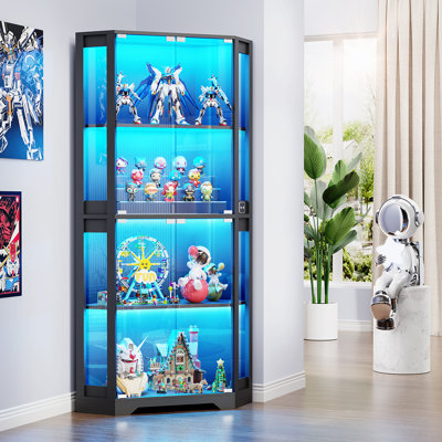 Corner Display Cabinet with Glass Doors, 65" Lighted Curio Display Case with 3 Color Lights for Collectibles, 4-Tier Bookcase with Human Body Sensor f