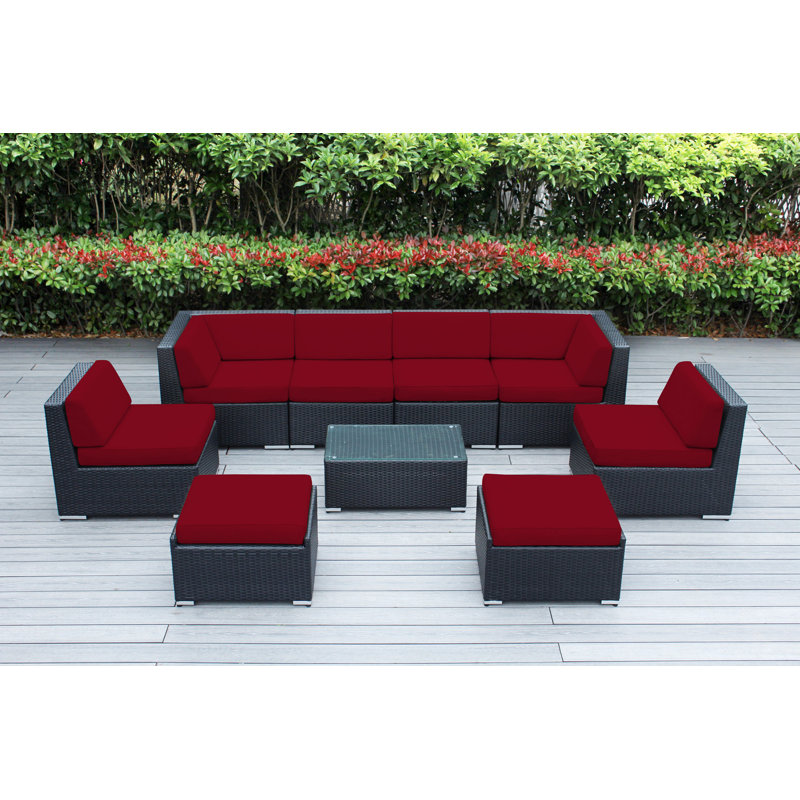 Ensemble de conversation en osier pour 8 personnes avec coussins - aucun assemblage, Noir