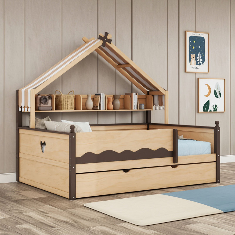 Lit en forme de maison avec bibliothèque et auvent ludique en tissu façon tente, Lit double, Espresso naturel
