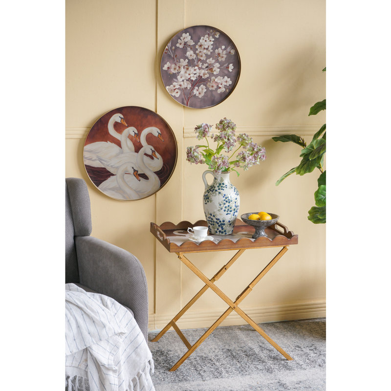 Plateau 23,5 x 15,5 x 24 po en MDF brun avec motif de cygne blanc et base en fer