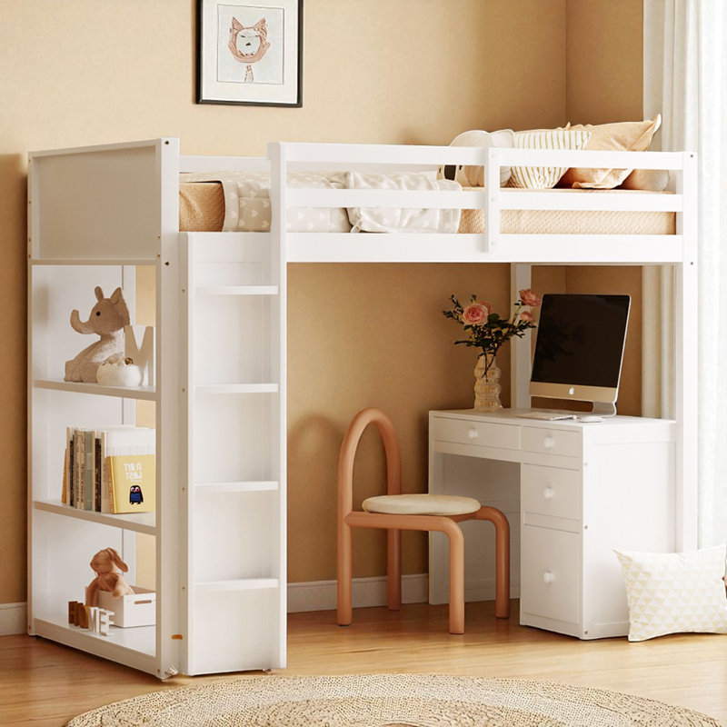 Lit mezzanine avec bureau intégré et rangement, Simple, Blanc