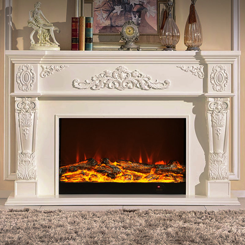 Beige Solid Wood Electric Fireplace