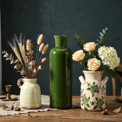 Ensemble de vases en céramique, vert et beige, vase décoratif bohémien avec poignée, convenant à la décoration de la maison, à la décoration de table, au salon, au support de cheminée, à la cuisine