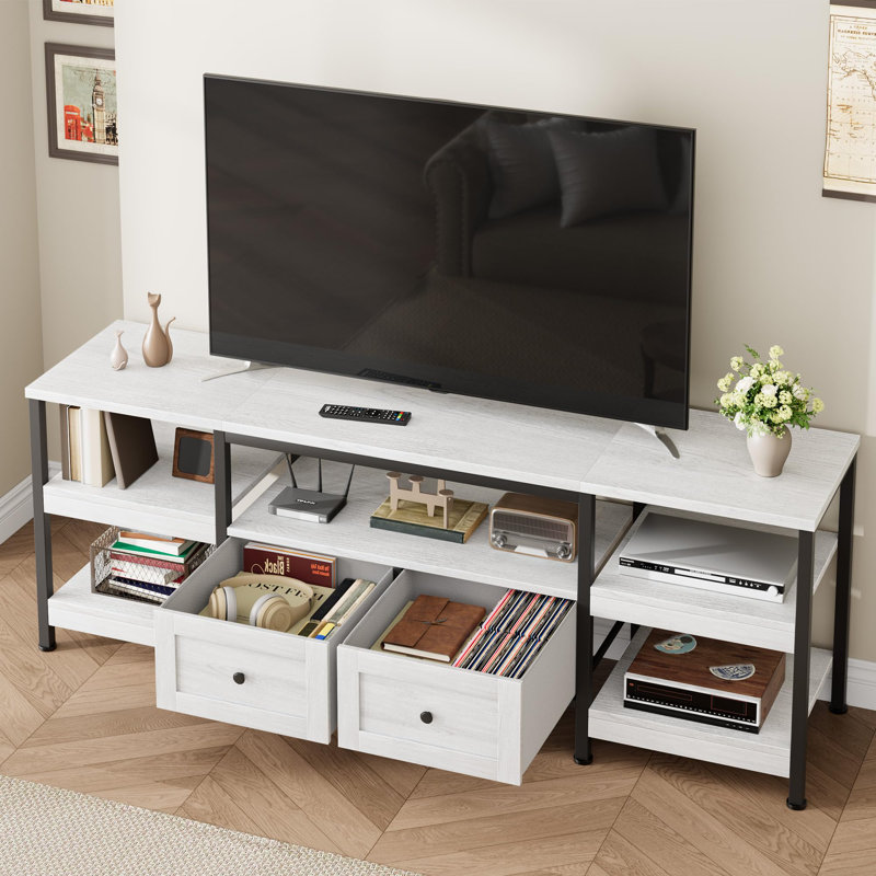 Modern-Industrial TV Stand with 2 Fabric Drawers, Entertainment Center for TVs Up to 75", Media Console with Storage Shelves, Open Design & Metal Frame