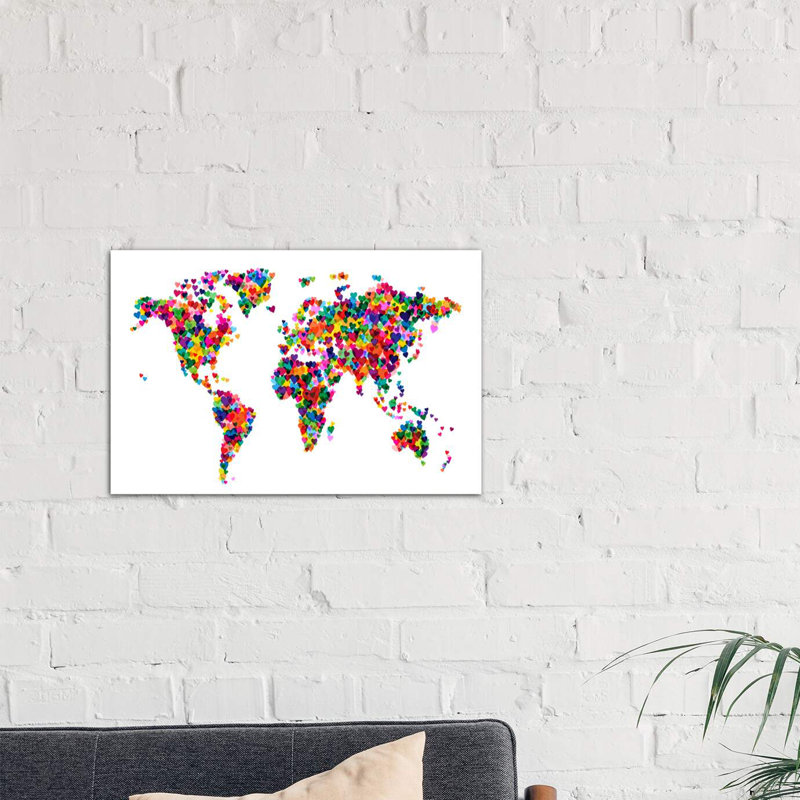 World Map Hearts Multicolor by Michael Tompsett - Print on Canvas, Wrapped Canvas, 66.04 cm H x 45.72 cm W, White/Red/Green