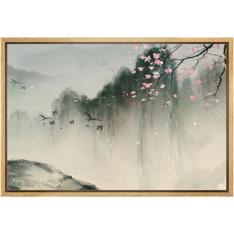 Paysage abstrait «Montagnes printanières avec oiseaux et fleurs de cerisier» sur, Encadré naturel, H 16 po x l 24 po