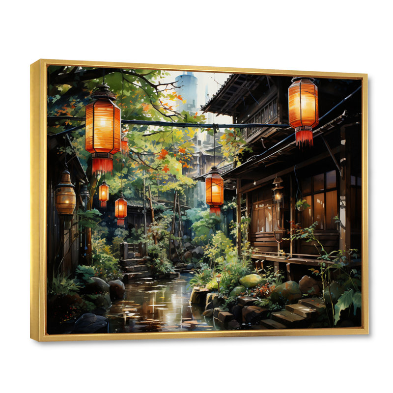 Lanterne en papier Japon Art Glow I - impressions murales japonaises, H 16 po x l 32 po x P 1 po, Cadre flottant doré