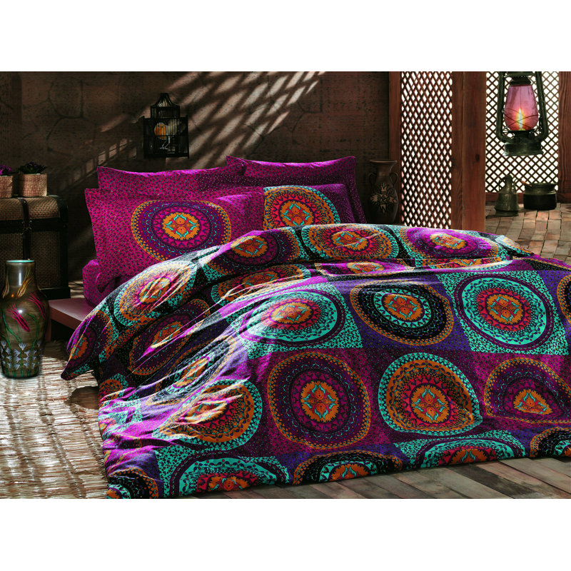 Ensemble de housse de couette simple Vibrant Ranforce, 100% coton, housse de couette 61 x 79, taie d'oreiller 20 x 31 | Pigment imprimé en fuchsia, turquoise, jaune et orange | Lavable à la machine, 145 fils, fermeture à boutons