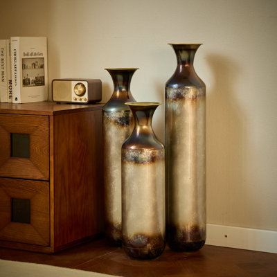 Hand-Forged Metal Vases Set Of 3, Burnt Finish Rustic Floor Vases For Home Decor, 28.34 24.4 20.4 Inch Tall Flower Vases For Farmhouse Industrial Living Room