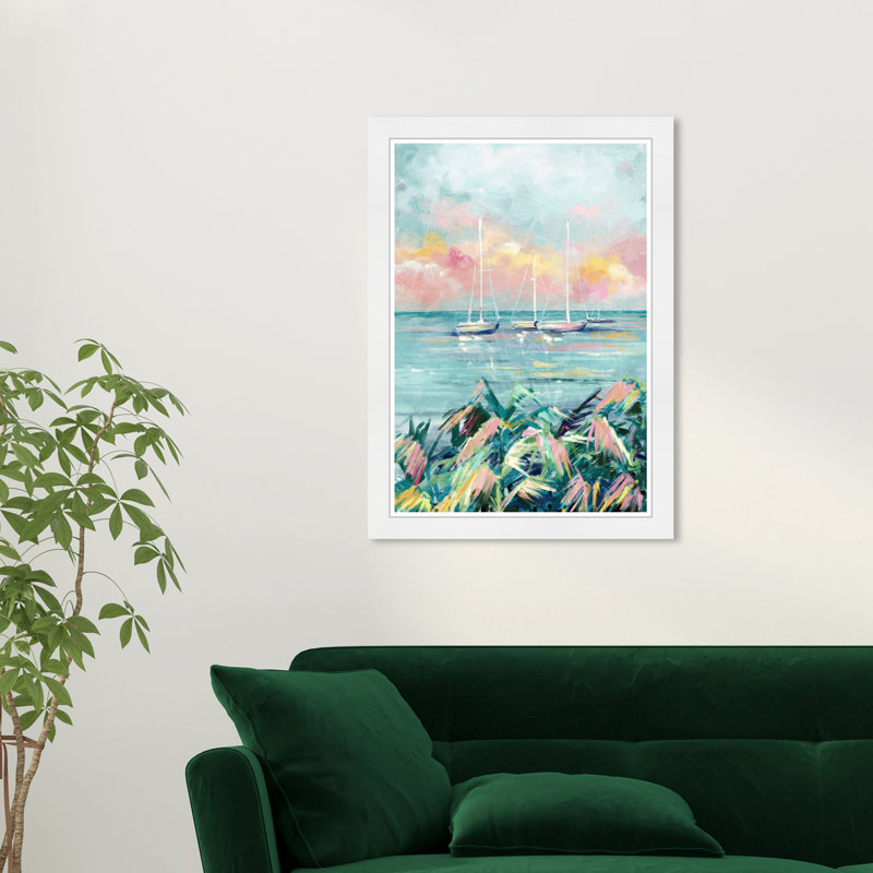 White Framed Coastal Print with Colorful Sailboats, 15" x 21"