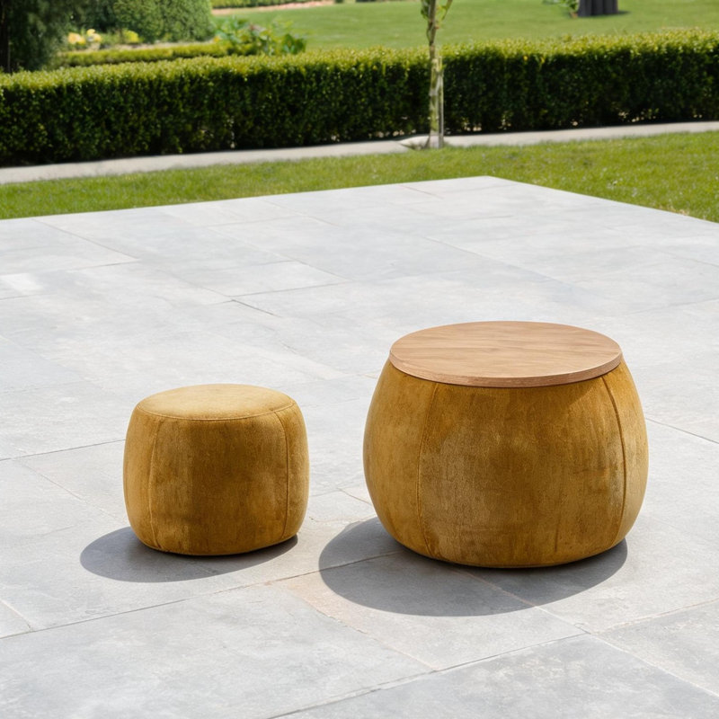 Pouf de rangement rond et table d'appoint pour salon, avec revêtement en tissu rabattable et structure en bois massif, Jaune