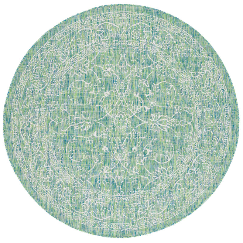 Tapis oriental vert intérieur / extérieur Eley, Green/Ivory, Rond 6 pi 7 po