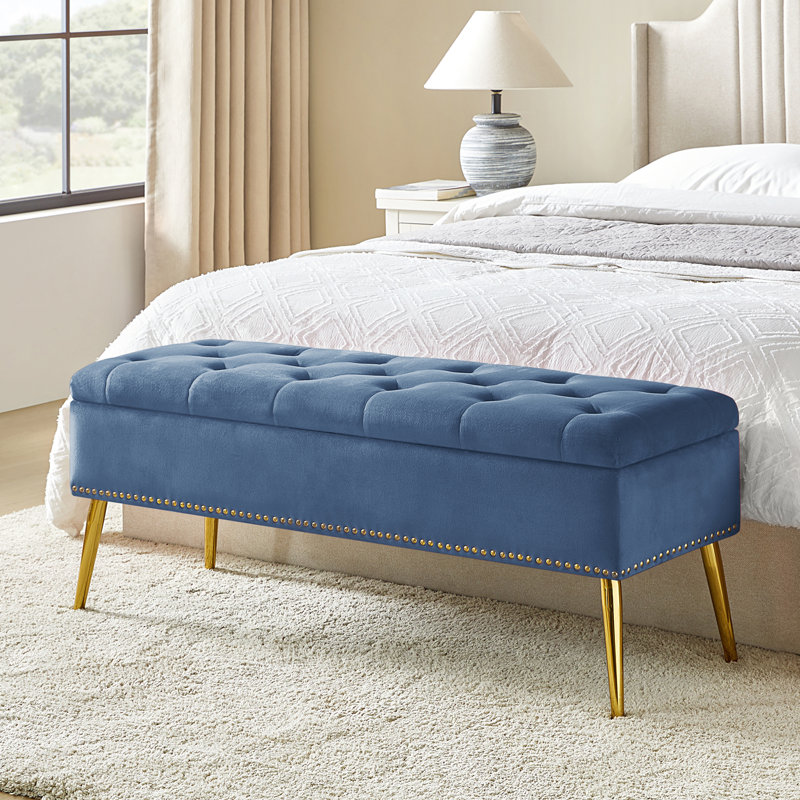 Banc de rangement rembourré en velours Kajana, Bleu ardoise