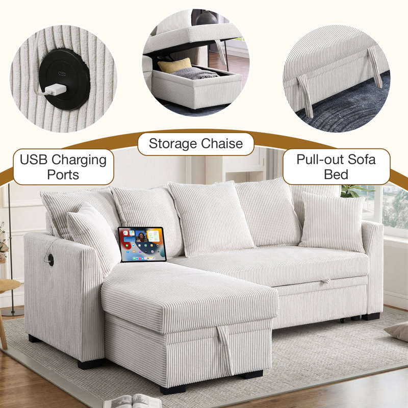 83" Convertible Sectional Sofa Bed Reversible Corduroy Pull Out Sleeper Couch With USB Charging & Storage Chaise & Pillows
