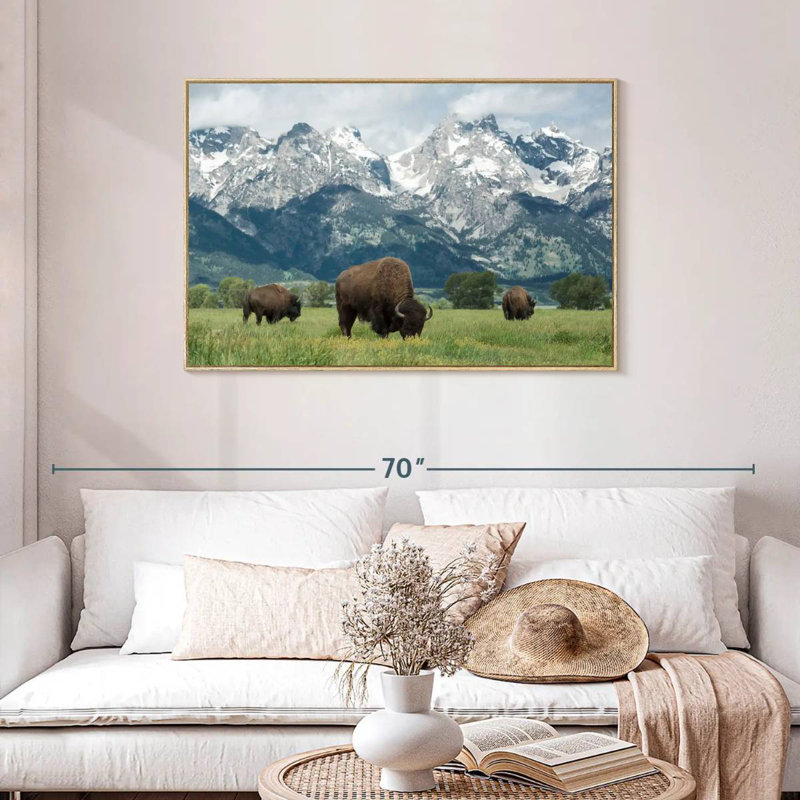 Bison Teton broutant, Cadre flottant en bois naturel, 43 po x 29 po