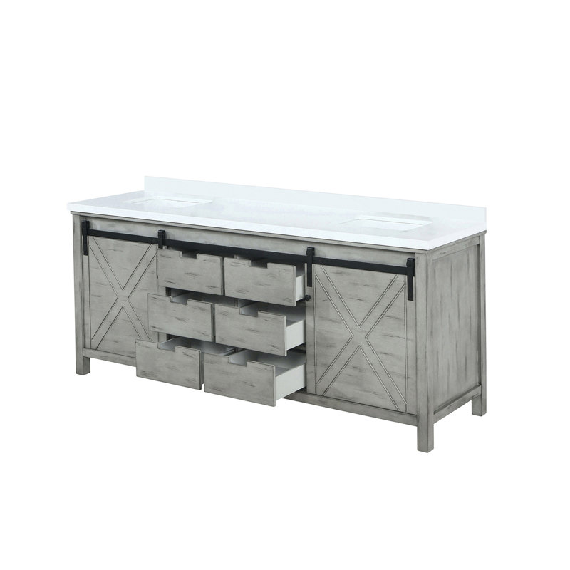 Meuble-lavabo double l 84 po x P 22 po gris cendré avec comptoir en quartz blanc - structure en bois massif, fermeture en douceur, surface rayée et teintée, deux armoires intérieures avec rangement spacieux, six tiroirs ouverts