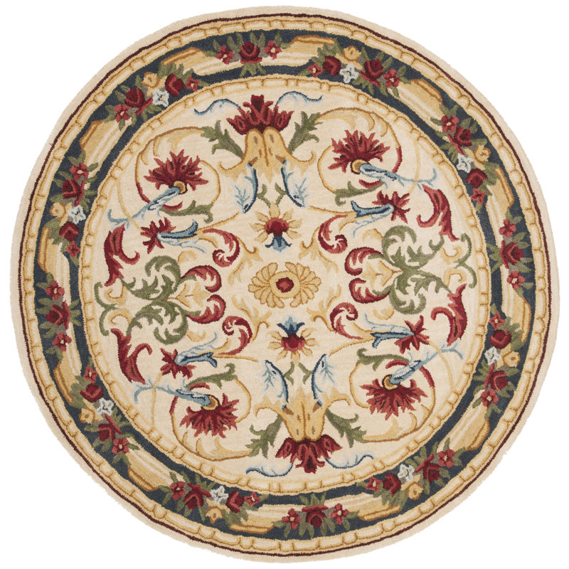 Rivoli Hand Tufted Wool/Cotton Oriental Rug in Green/Ivory, Round 6'