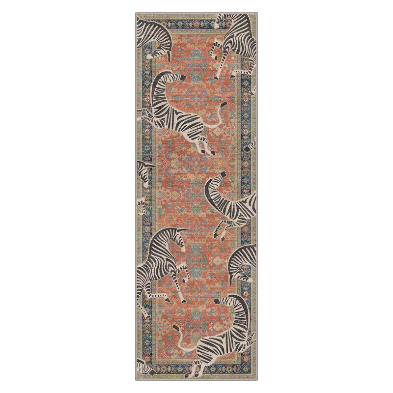 Allandale Zebra Animal Print Machine Washable Red / Blue / Beige Indoor Area Rug with Non-Slip Backing, Runner 2' x 6'