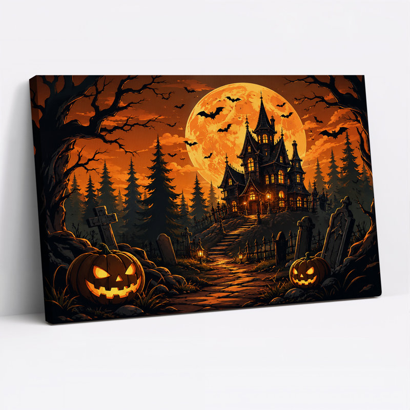 Art mural sur toile gothique Haunted Mansion avec citrouilles et orange, H 28 po x l 40 po