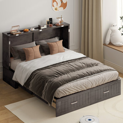 Lit-armoire escamotable en bois massif, grand lit escamotable avec matelas pliant en trois et ports de charge USB, lit d'invité pliable moderne avec grand tiroir de rangement pour le salon, les espaces de chambre à coucher