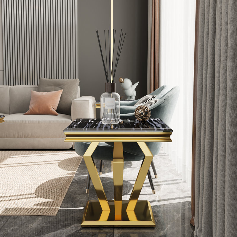 Black And Gold End Side Table With Polished Geometric Base, Black/Gold