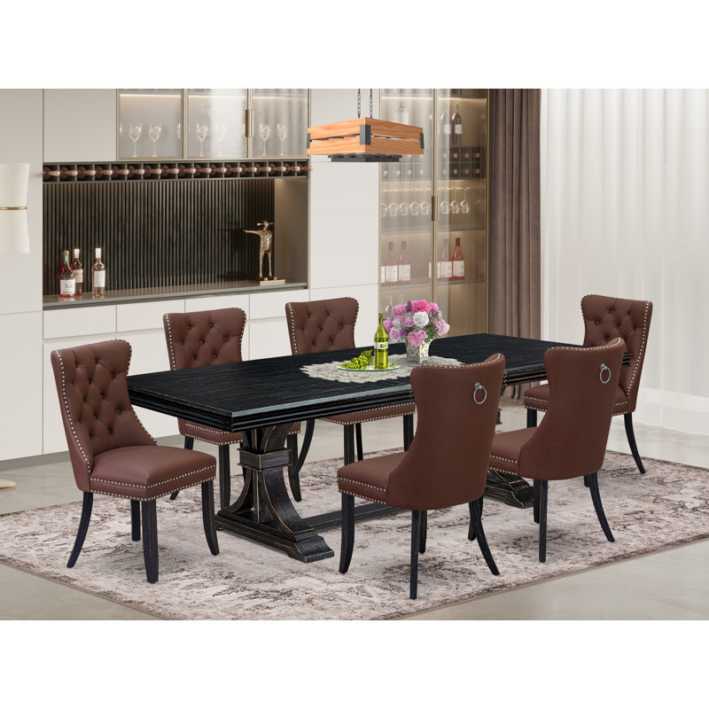 Ensemble de table de salle à manger 7 pièces comprenant une table en bois et 6 chaises Parson en tissu de polyester bourgogne avec dossier capitonné, 44 x 100 pouces, noir sablé