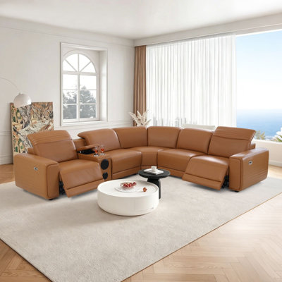 Ceicei 6-Piece Top Breathble Leather Intelligent Power Reclining Living Room Sectional with Bluetooth Speaker, USB Ports, LED Lights & Cup Holders,Headrest